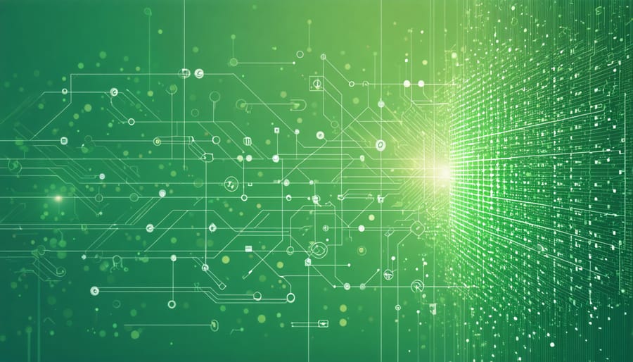 Abstract visualization showing quantum computing circuits processing farm data