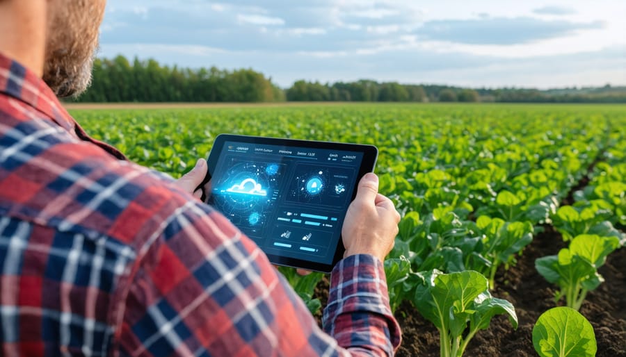 CSA farmer analyzing quantum-enhanced weather predictions on a tablet device