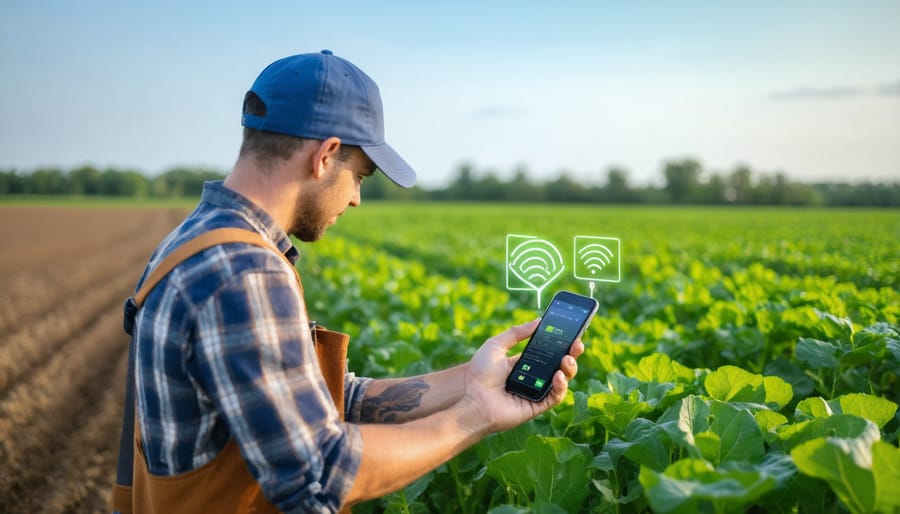 Agricultural professional setting up a wireless sensor system with smartphone integration
