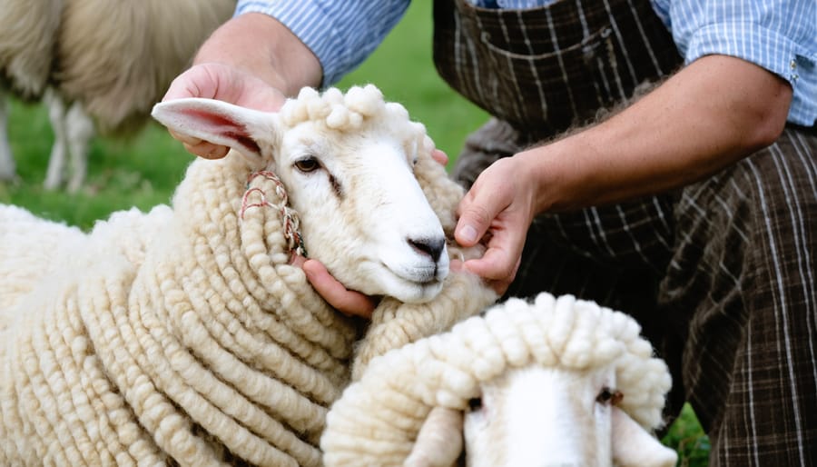 Farmer and artisan inspecting quality of raw wool at a small sheep farm