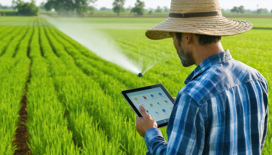Agricultural worker adjusting automated irrigation settings via tablet device in vegetable field