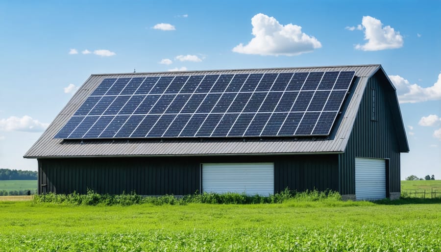 Agricultural building featuring rooftop solar installation and energy-efficient storage systems