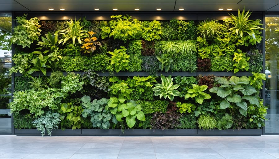 Multi-level vertical garden installation showing diverse plants growing on a city building facade