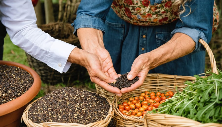 Group of diverse farmers sharing and discussing seeds at a community gathering