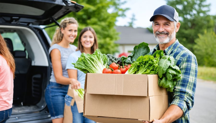 Smiling farmer handing fresh produce boxes to CSA members at a local distribution point