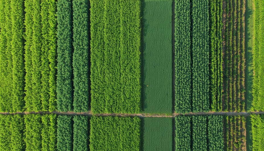 Bird's eye view of a thriving regenerative CSA farm with diverse crop patterns