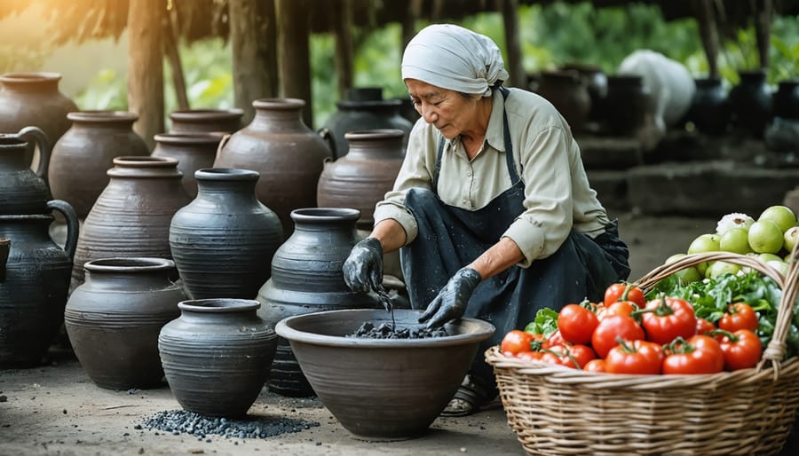 Artisan crafting ceramic pieces next to display of fresh local vegetables