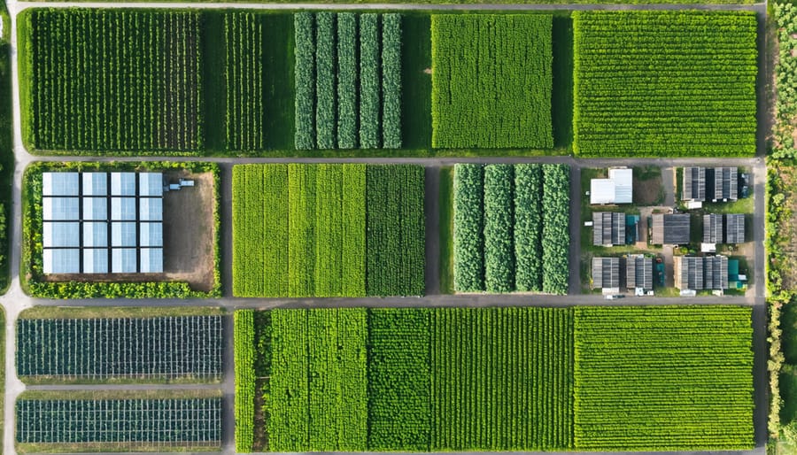 Bird's eye view of a local farm with diverse crop fields, storage facilities, and distribution center