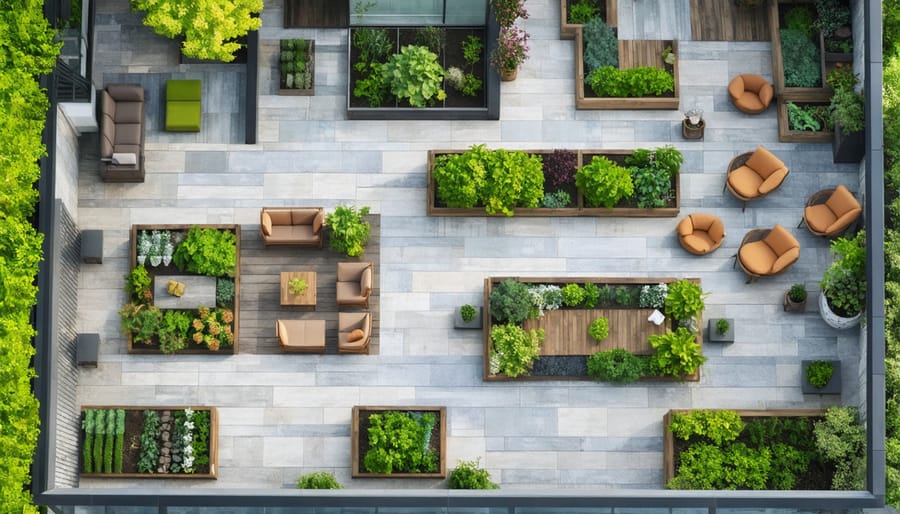 Well-designed urban rooftop garden with various container plants and comfortable seating
