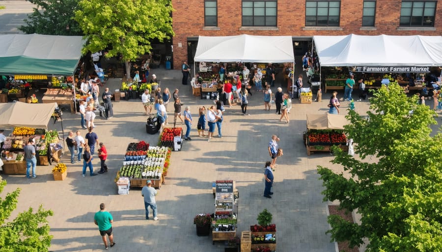 Bird's eye view of bustling outdoor market with colorful vendor tents and walking paths