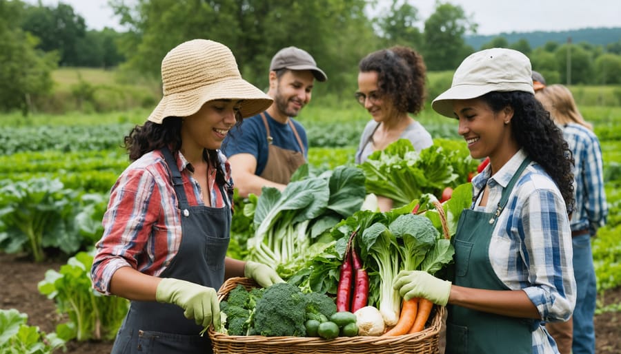 Multi-generational group working together harvesting vegetables at a community farm