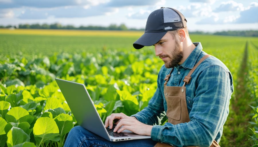 Farmer reviewing digital CSA member records on a laptop in an agricultural setting