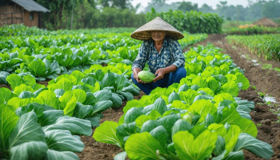 Diverse selection of culturally significant vegetables growing in a small farm field