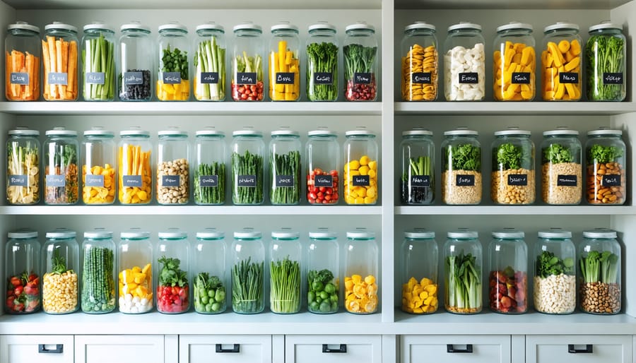 Well-organized storage system for dehydrated organic foods in labeled glass jars