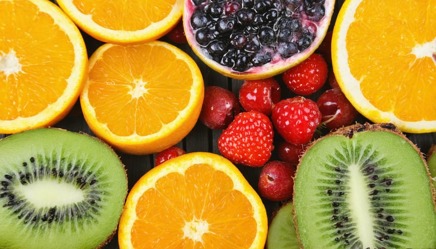 Collection of dehydrated organic fruits including apples, strawberries, mangoes, and bananas