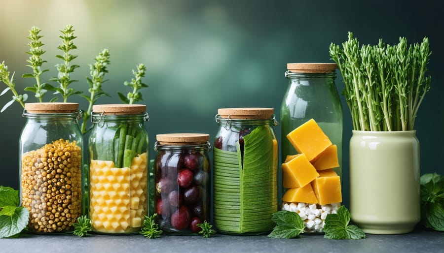 Assorted eco-friendly food storage containers featuring colorful beeswax wraps, mason jars, and ceramic vessels