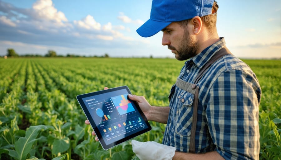 Farmer using R-powered disease prediction app on tablet while inspecting crops