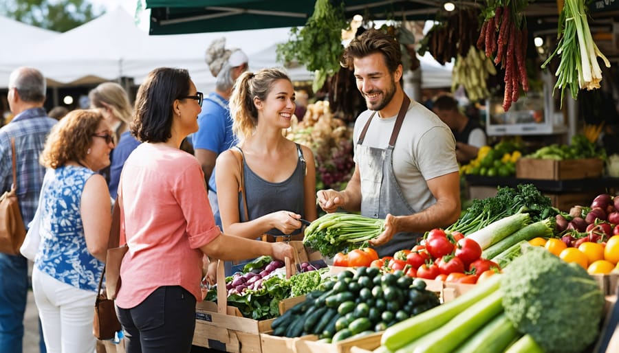 Customers engaging with a farmer while shopping for fresh produce at a local farmers market