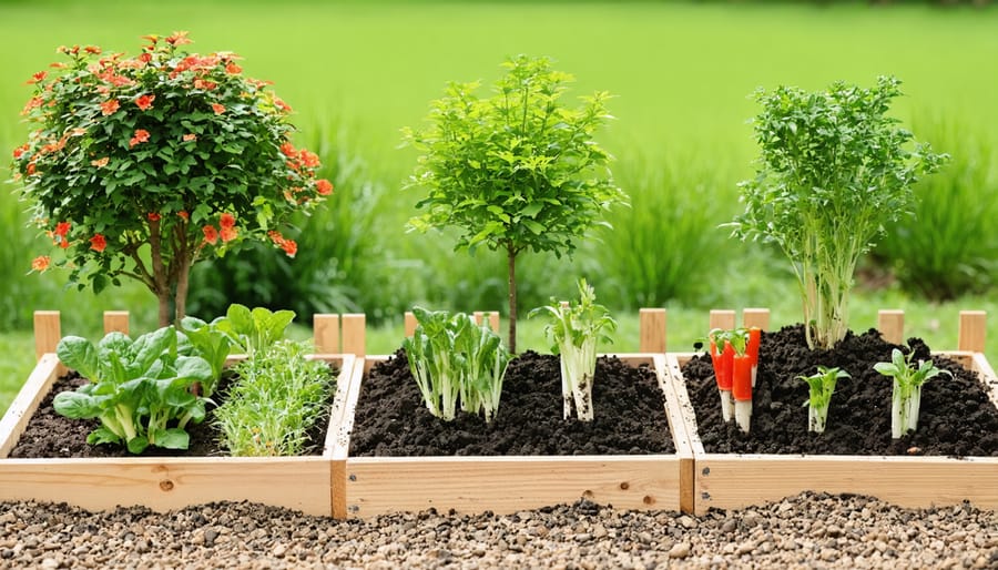 Students engaged in different garden learning stations with educational signage