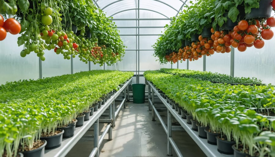 Modern greenhouse interior showing microgreen trays and hydroponic tomato cultivation