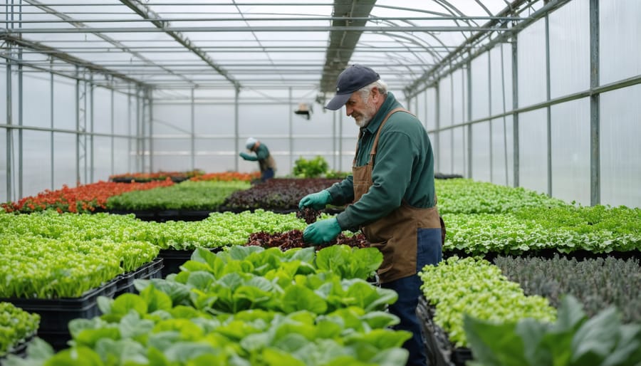 Farm staff tending to greenhouse plants during off-season