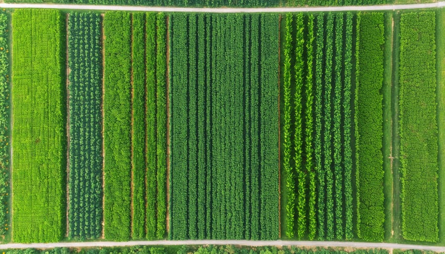 Bird's eye view of an organic CSA farm showing diverse crop sections and required buffer zones