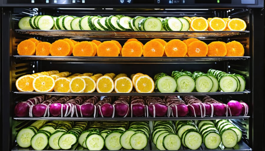 Modern food dehydrator with trays of organic fruits and vegetables being dried