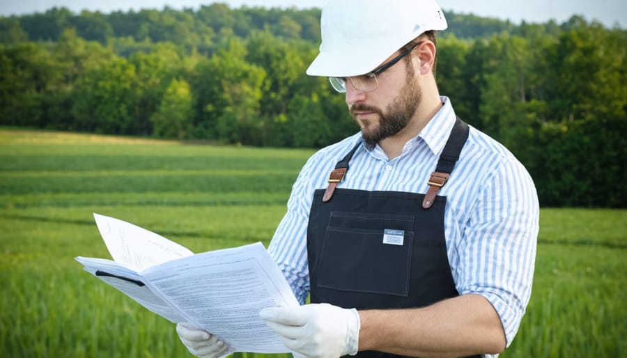Organic inspector reviewing documentation and inspecting crops with farmer