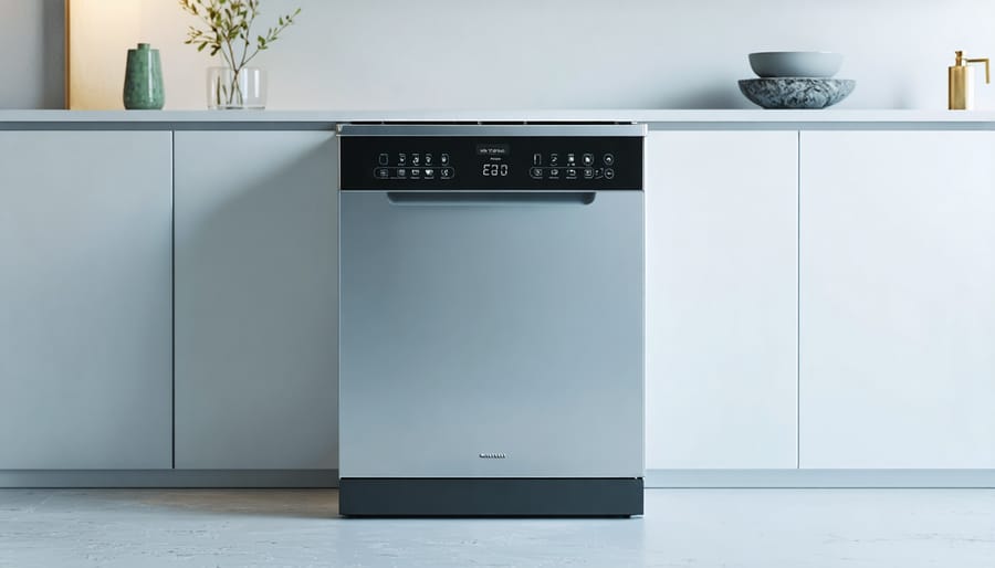 Energy-efficient dishwasher showing water consumption metrics on digital display