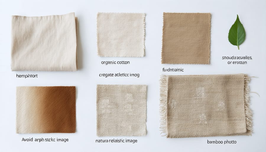 Collection of eco-friendly fabric samples showing different textures and natural colors