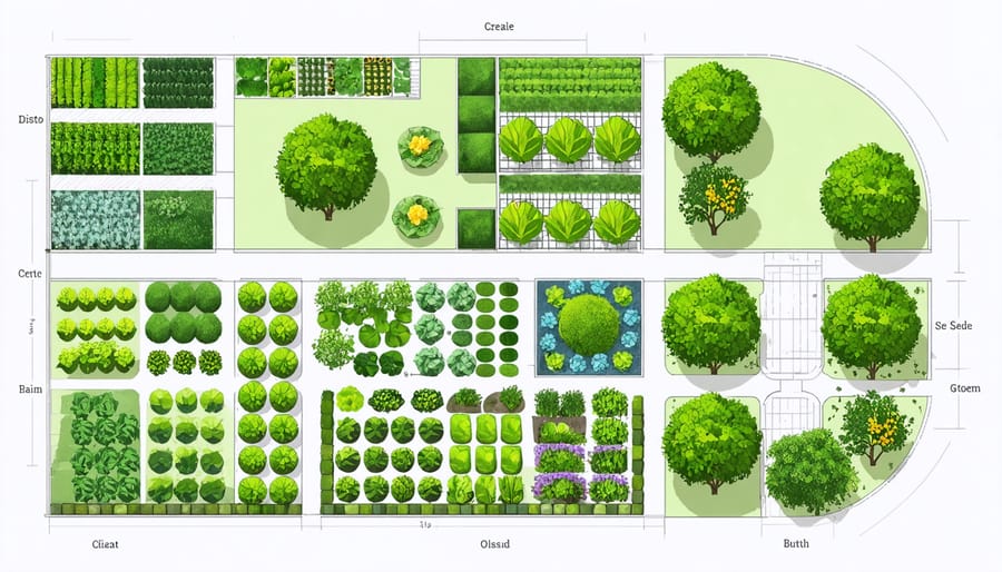 Illustrated garden plan demonstrating companion planting arrangements and water-wise plant groupings