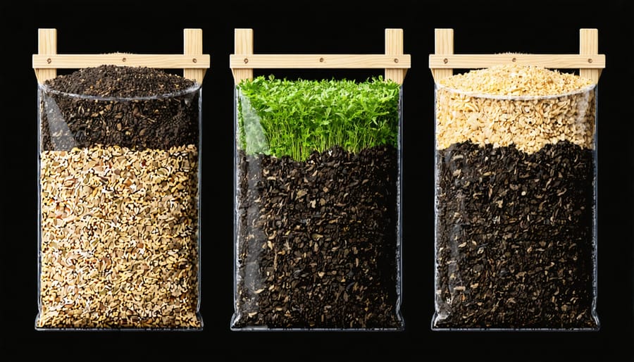Three compartment composting system showing different stages of decomposition