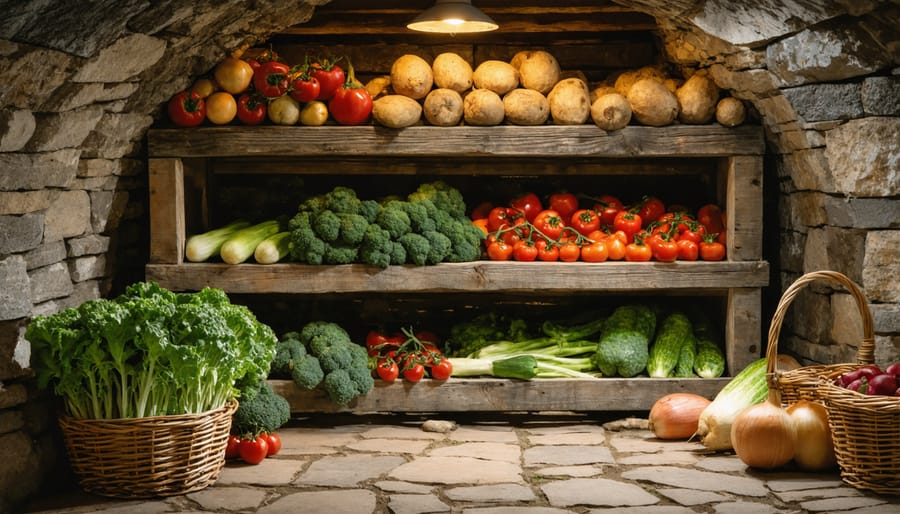 Interior of a root cellar showing organized rows of stored vegetables and root crops on wooden shelves