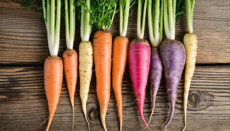 Fresh winter root vegetables including golden carrots, white parsnips, and purple-topped turnips