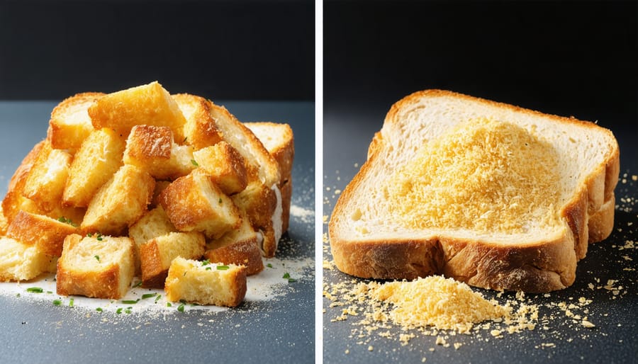 Transformation of stale bread into homemade croutons and breadcrumbs