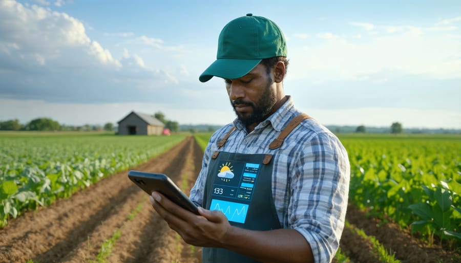 CSA farmer using quantum-powered weather forecasting app in vegetable field