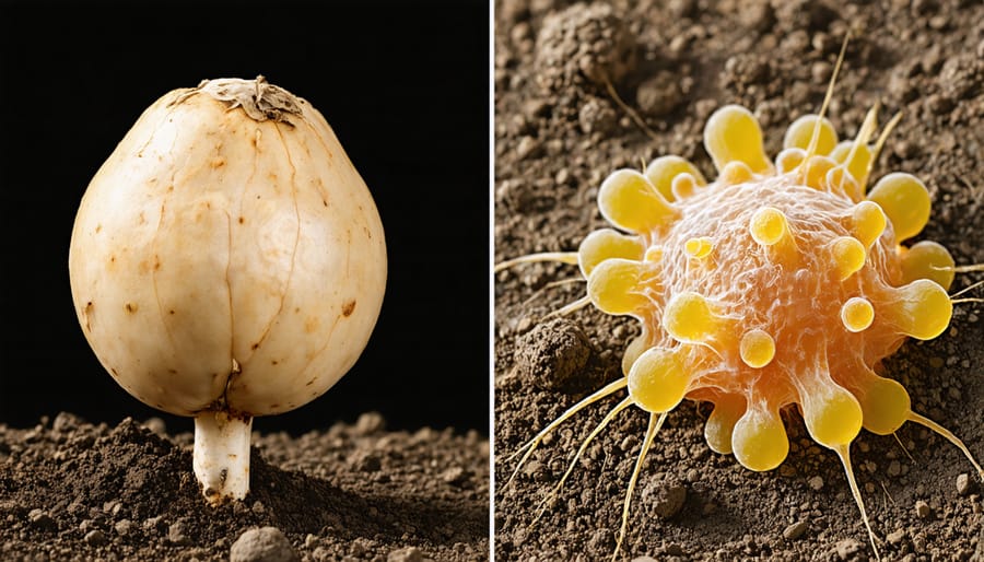 Microscopic view of nitrogen-fixing nodules on legume roots and beneficial soil bacteria