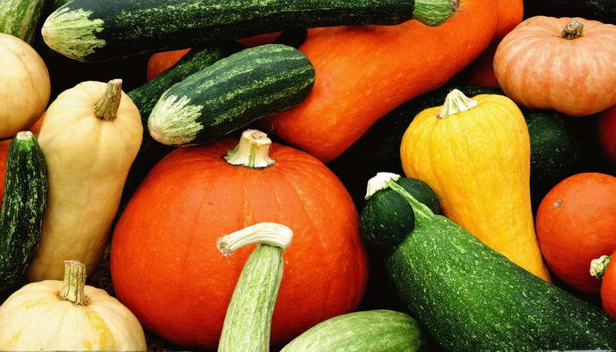 Autumn harvest display of diverse squash varieties, pumpkins, and root vegetables from Oregon