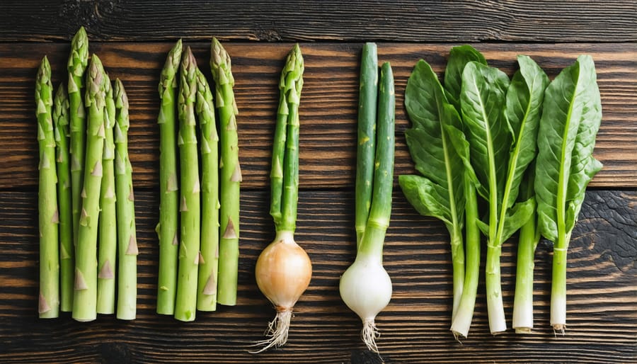 Fresh spring vegetables from Oregon including bright green asparagus stalks, spring onions, and mixed salad greens