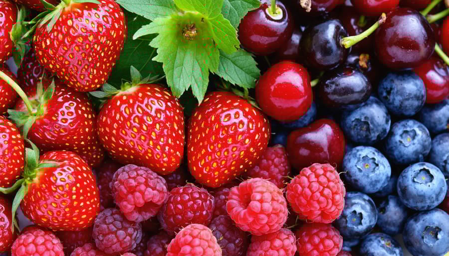 Assorted fresh Oregon summer berries and fruits arranged in wooden baskets