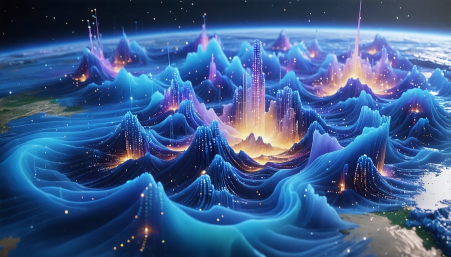 Artistic rendering of quantum computer analyzing weather patterns with flowing data streams