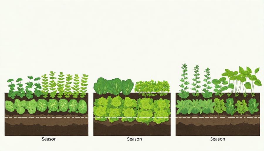 Visual timeline showing succession planting schedule for multiple crops in a rotating bed system
