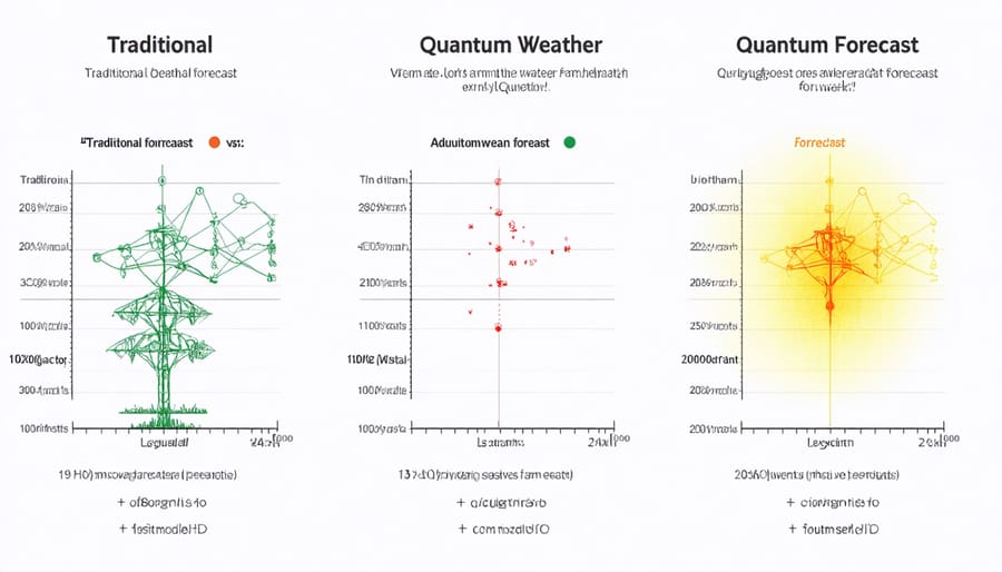 Side-by-side comparison of traditional and quantum computing weather forecast maps with different resolution levels