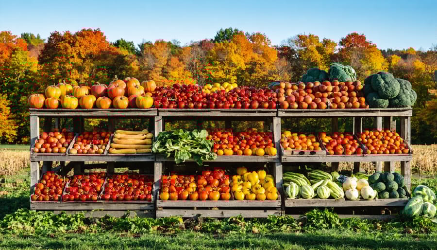 Farm stand display of pumpkins, gourds and apples with fall foliage backdrop