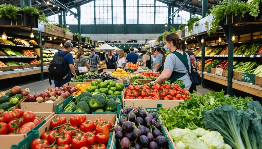 Wide view of Boston Public Market interior showing produce stands and shoppers