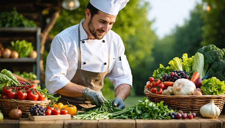 Chef and farmer examining fresh vegetables together in barn setting
