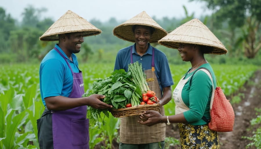 Group of CSA members and farmers working together in diverse garden setting
