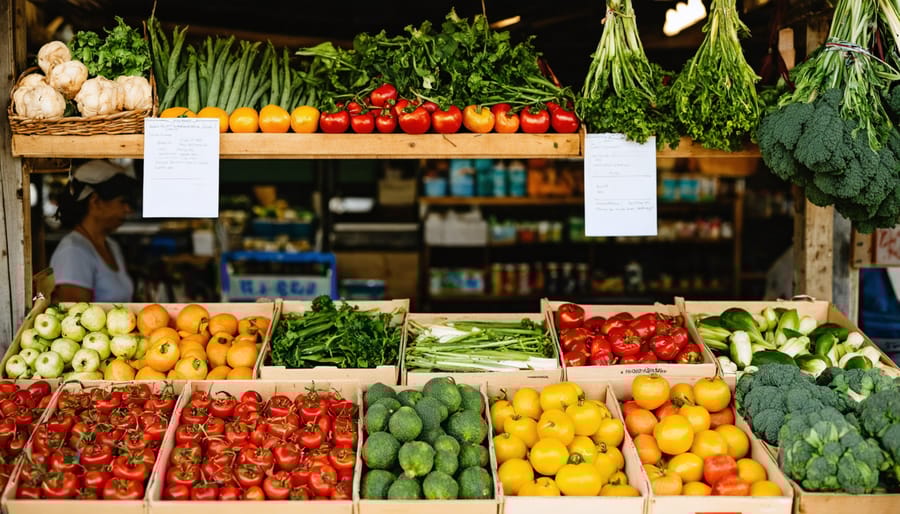 Farmers market scene with vendors displaying fresh produce at wooden stalls