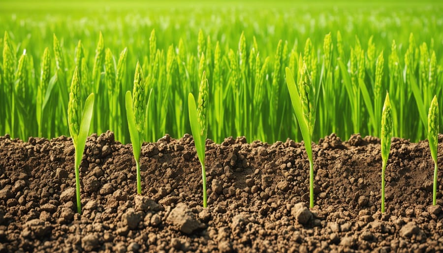 Farm field showing no-till practices with corn residue and emerging cover crops
