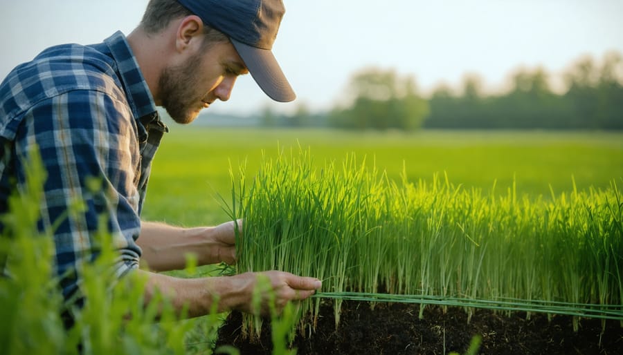 Farmer kneeling in pasture examining grass quality and height